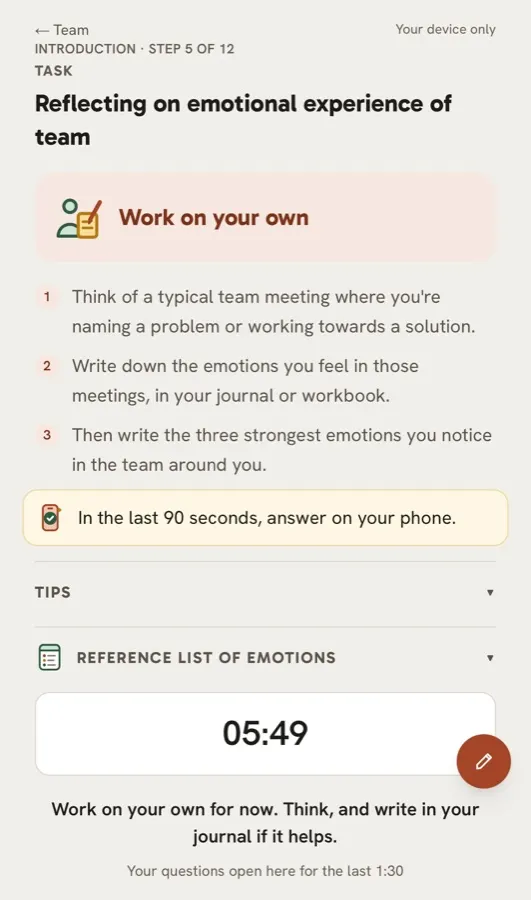 A phone showing a "Work on your own" task with numbered instructions and a countdown timer