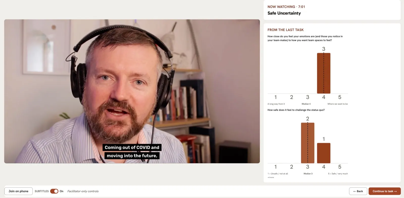 The shared screen: a psychologist speaking on video with subtitles, and bar charts of the team’s ratings from the last task beside it